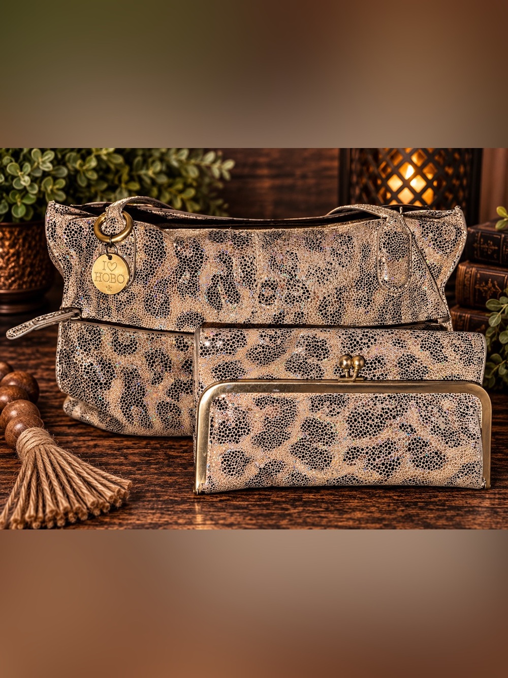 HOBO International Shimmer Leopard Leather Tote Bag + Matching Wallet Set